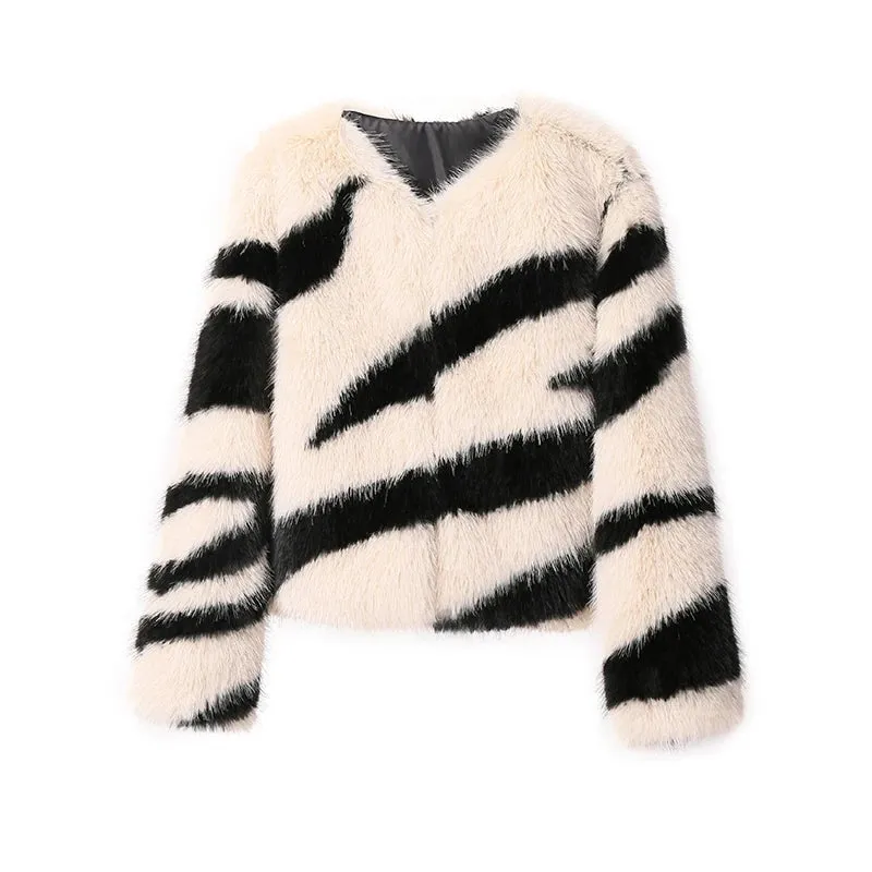 Girls Fluffy Zebra Fur Coat Women Harajuku Street Fashion Casual Faux Fox Fur Jacket Female Winter Thick Warm Overcoats