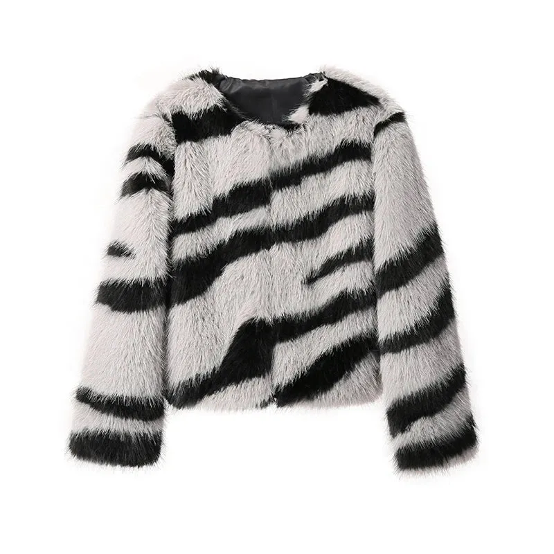 Girls Fluffy Zebra Fur Coat Women Harajuku Street Fashion Casual Faux Fox Fur Jacket Female Winter Thick Warm Overcoats
