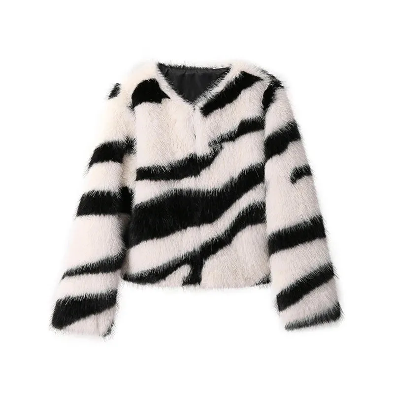 Girls Fluffy Zebra Fur Coat Women Harajuku Street Fashion Casual Faux Fox Fur Jacket Female Winter Thick Warm Overcoats