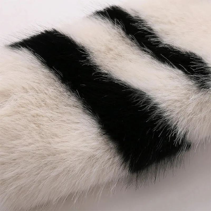 Girls Fluffy Zebra Fur Coat Women Harajuku Street Fashion Casual Faux Fox Fur Jacket Female Winter Thick Warm Overcoats