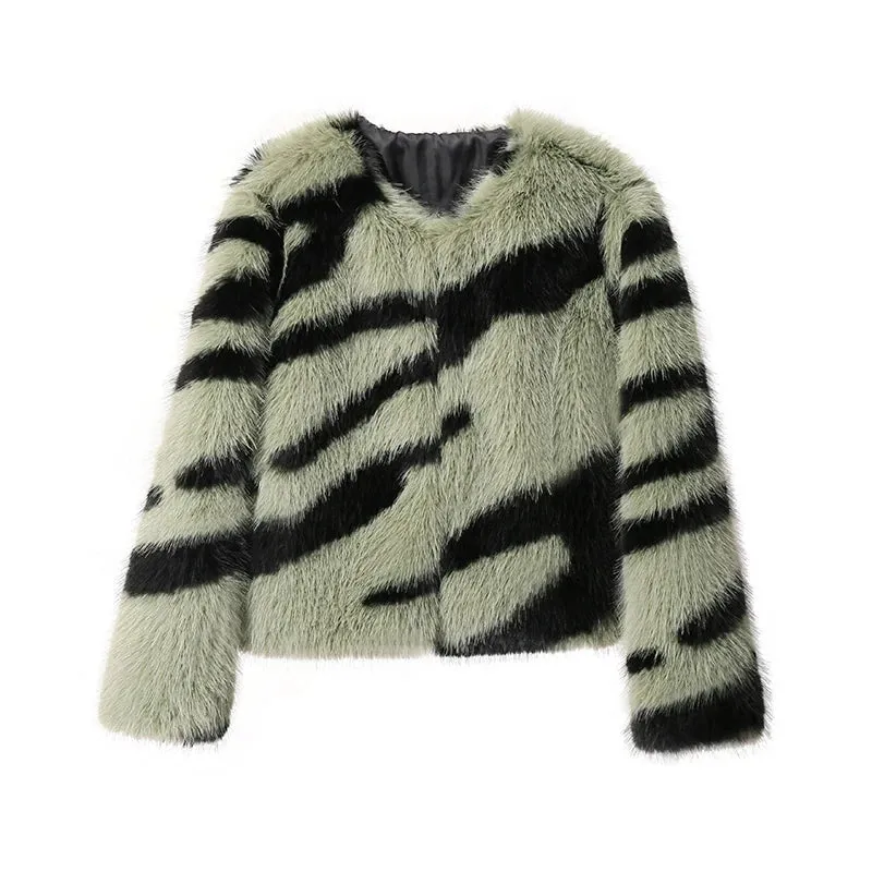 Girls Fluffy Zebra Fur Coat Women Harajuku Street Fashion Casual Faux Fox Fur Jacket Female Winter Thick Warm Overcoats