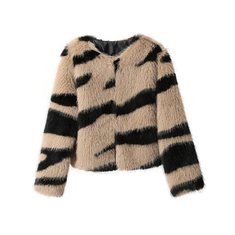 Girls Fluffy Zebra Fur Coat Women Harajuku Street Fashion Casual Faux Fox Fur Jacket Female Winter Thick Warm Overcoats