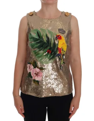 Gold Sequined Crystal Parrot Floral T-shirt