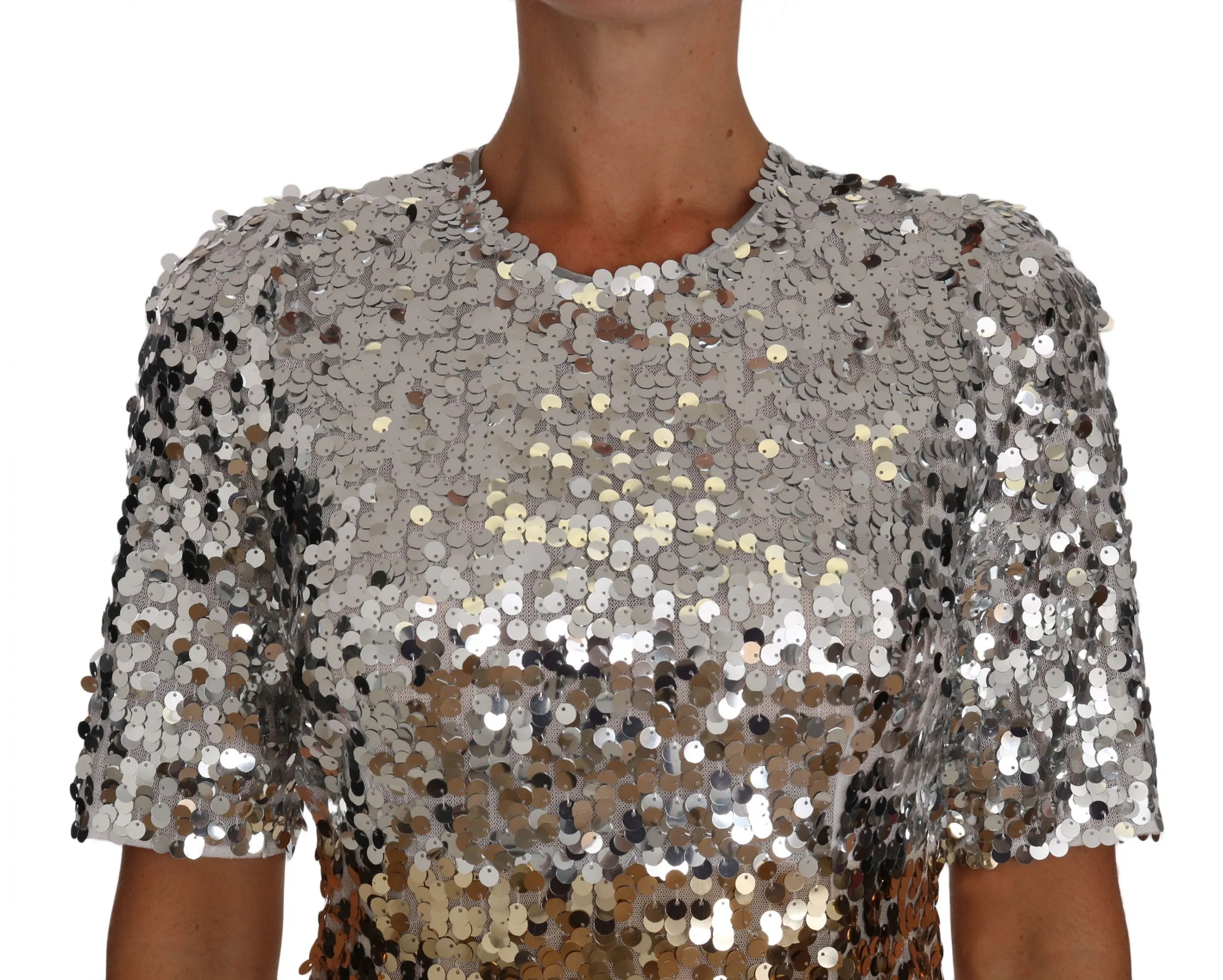 Gold Silver Sequined Sheath Gown Mini Dress
