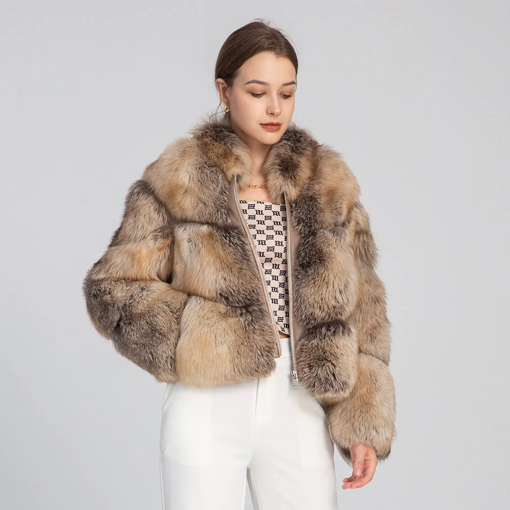 Golden Island Shadow Fox Fur Bomber Jacket with Zipper