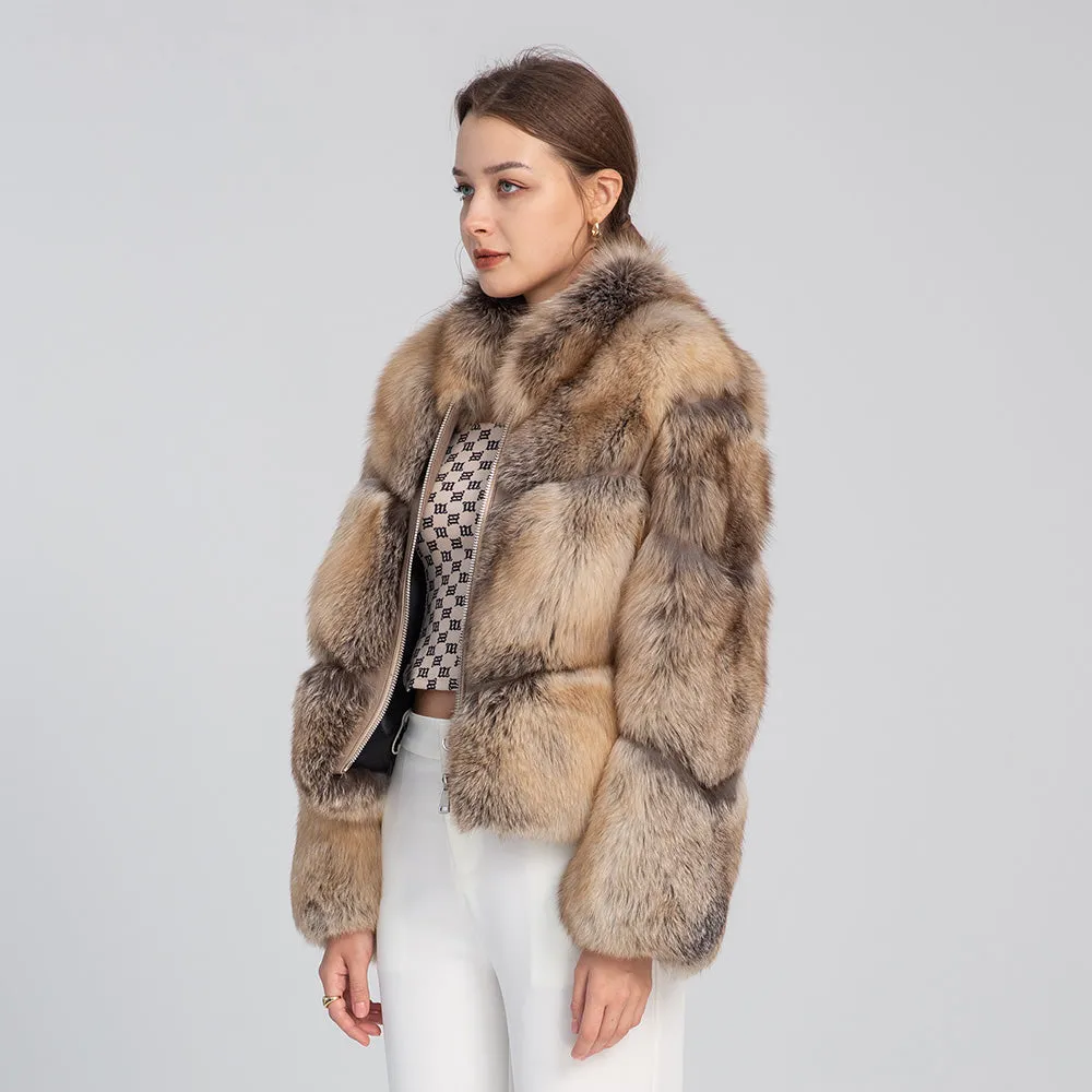 Golden Island Shadow Fox Fur Bomber Jacket with Zipper