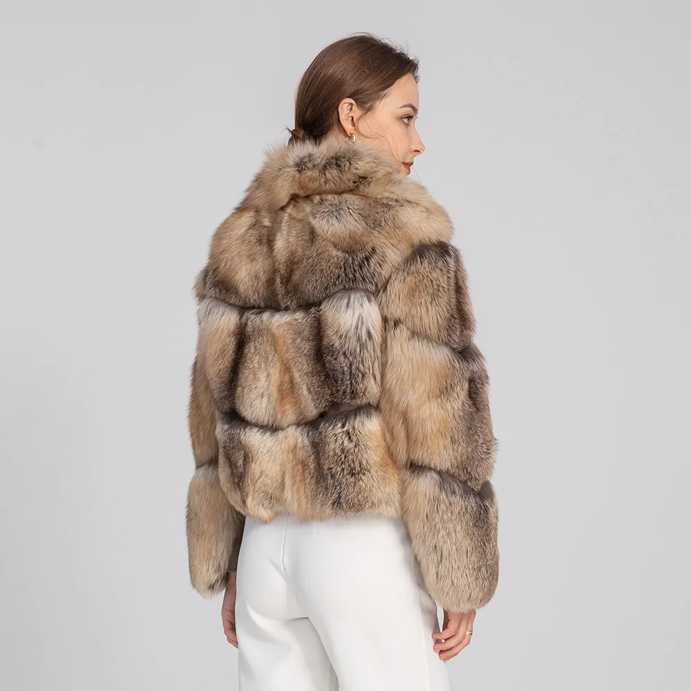 Golden Island Shadow Fox Fur Bomber Jacket with Zipper