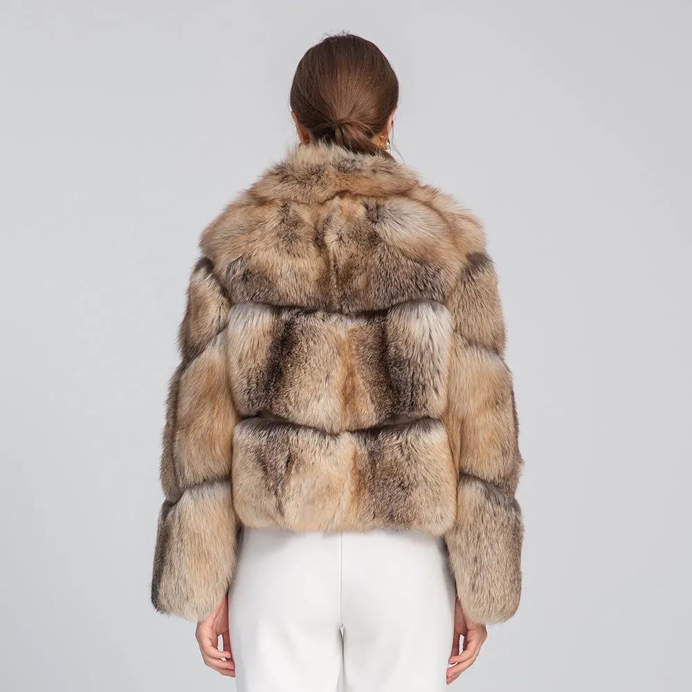 Golden Island Shadow Fox Fur Bomber Jacket with Zipper