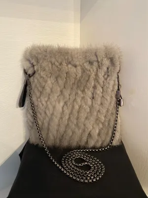 Gray Knit Mink Fur Pouch