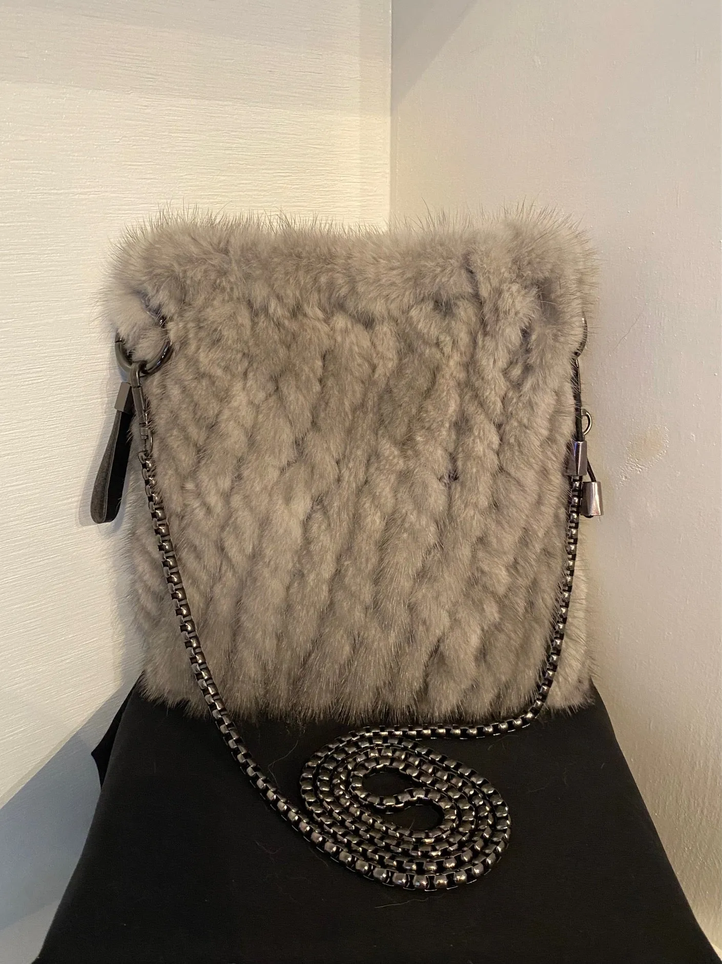 Gray Knit Mink Fur Pouch