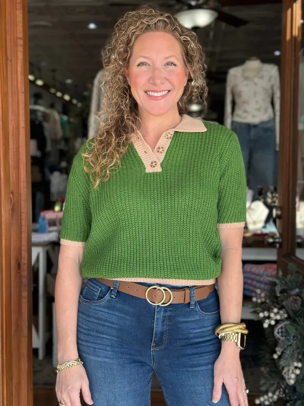 Green   Taupe Collared Button Sweater