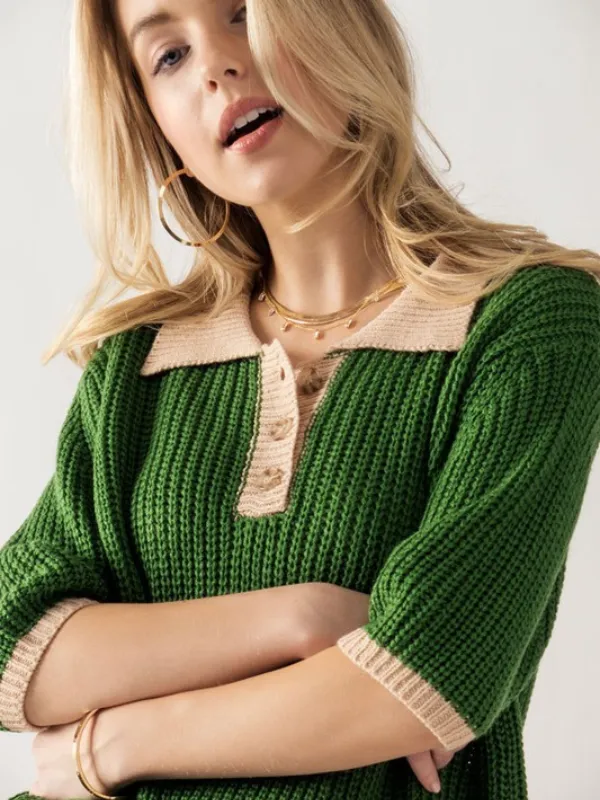 Green   Taupe Collared Button Sweater