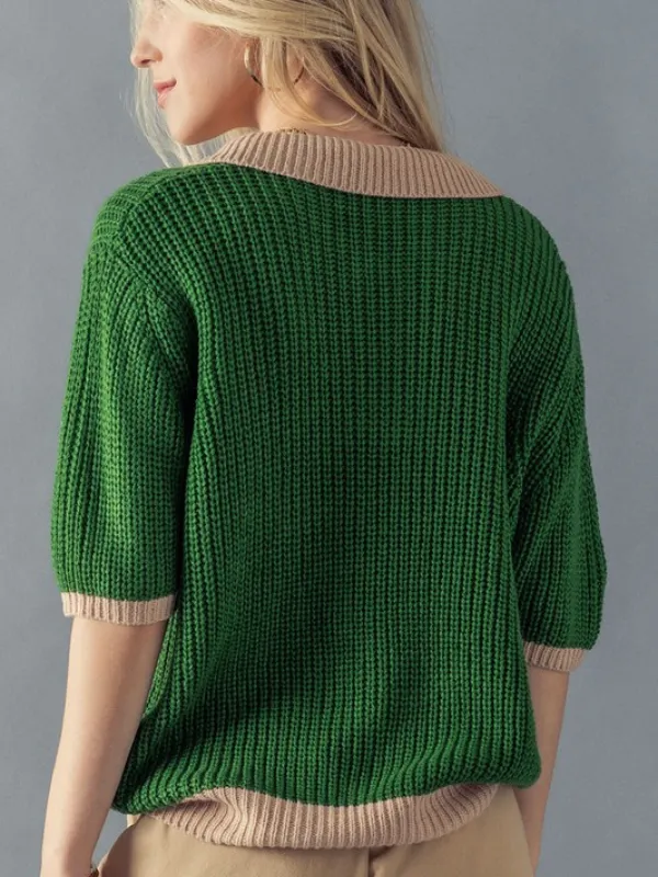 Green   Taupe Collared Button Sweater