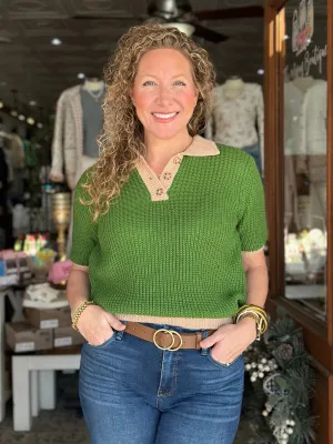 Green   Taupe Collared Button Sweater
