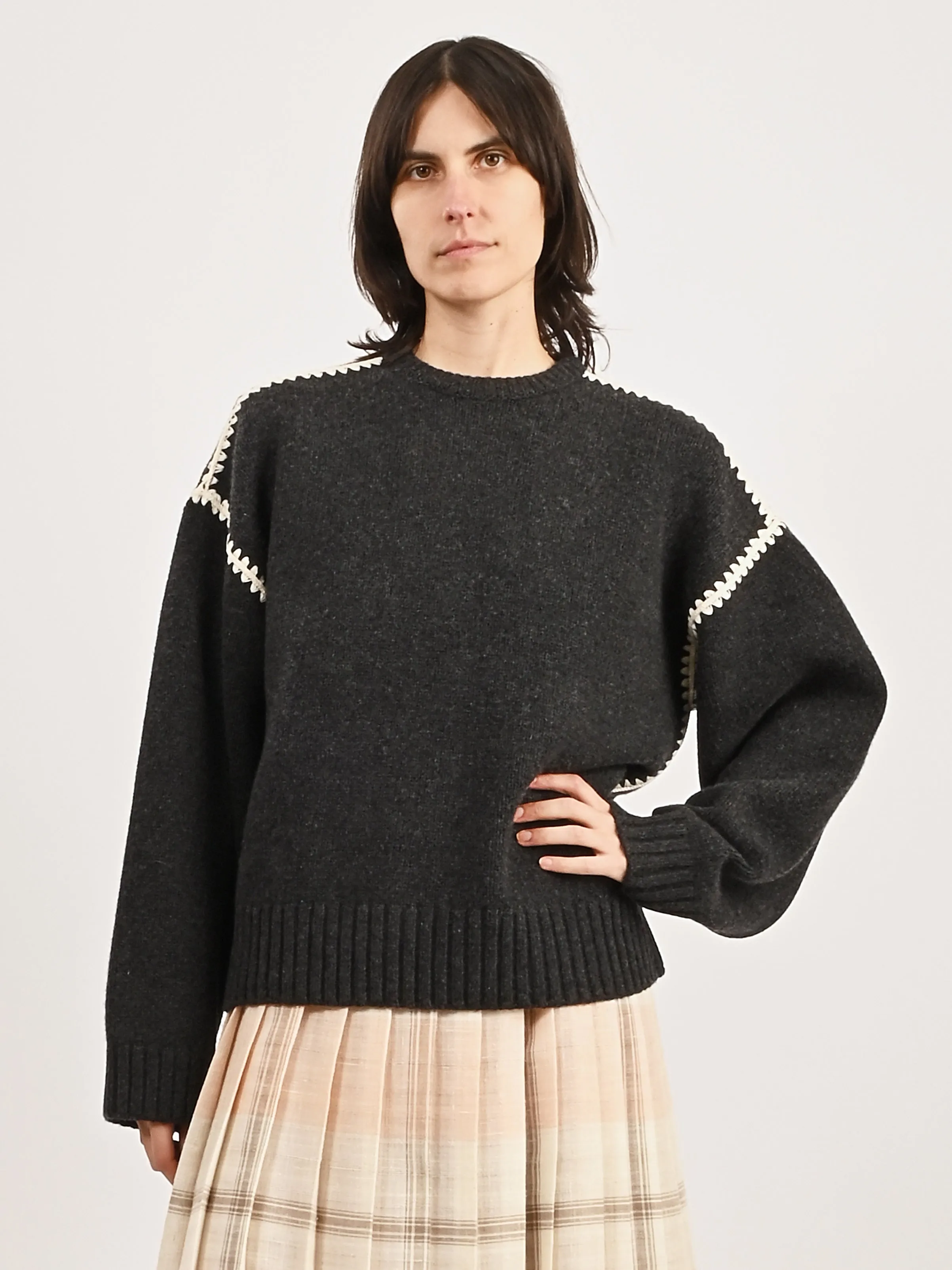 Grey Melange Embroidered Wool Cashmere Knit