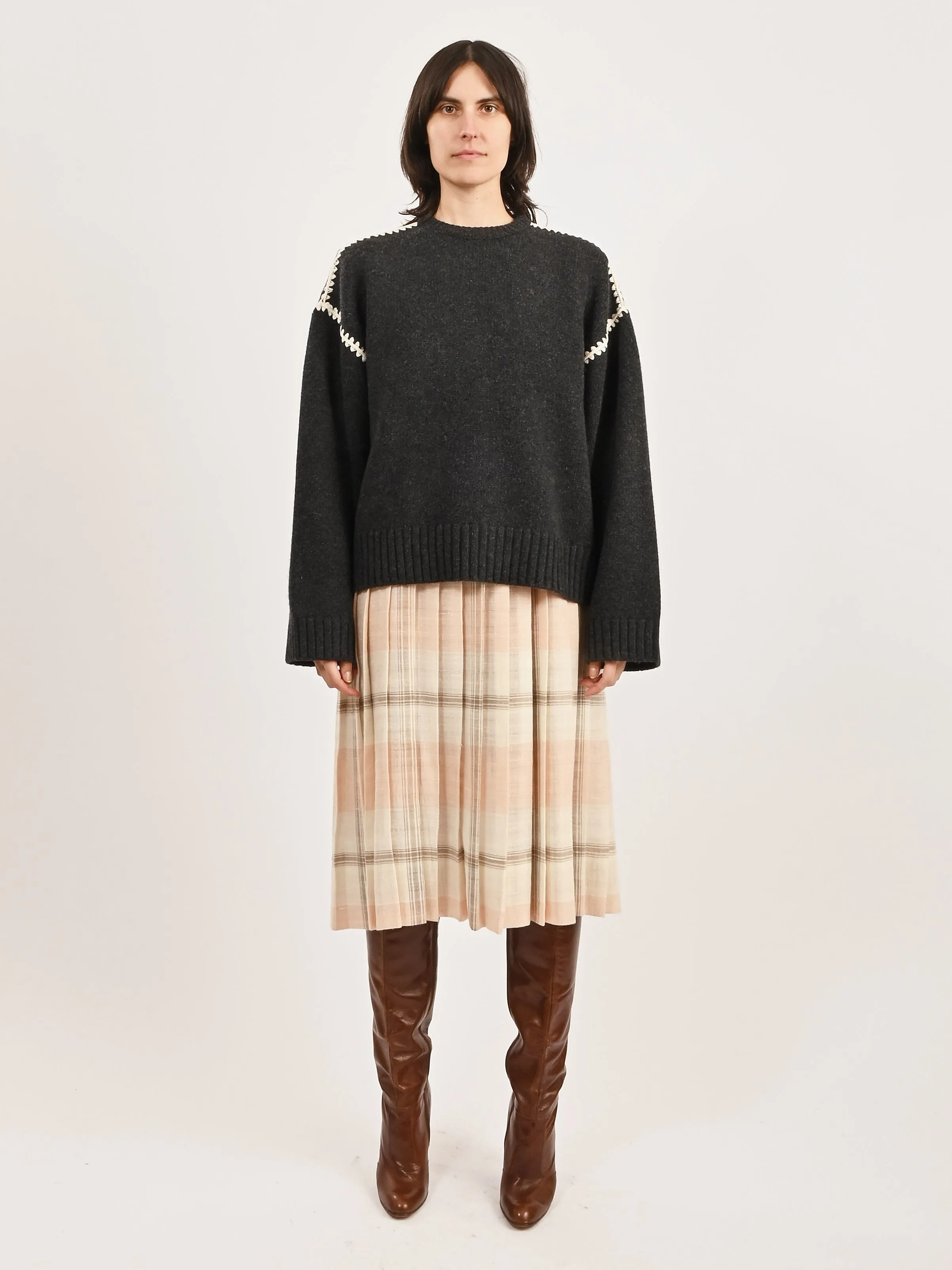 Grey Melange Embroidered Wool Cashmere Knit