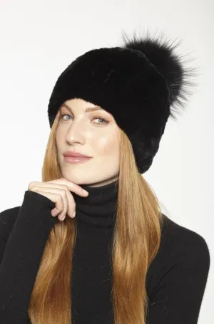 Hat, Genuine Rex Rabbit with Genuine Fox Fur Pom - Linda Richards - Style HA57
