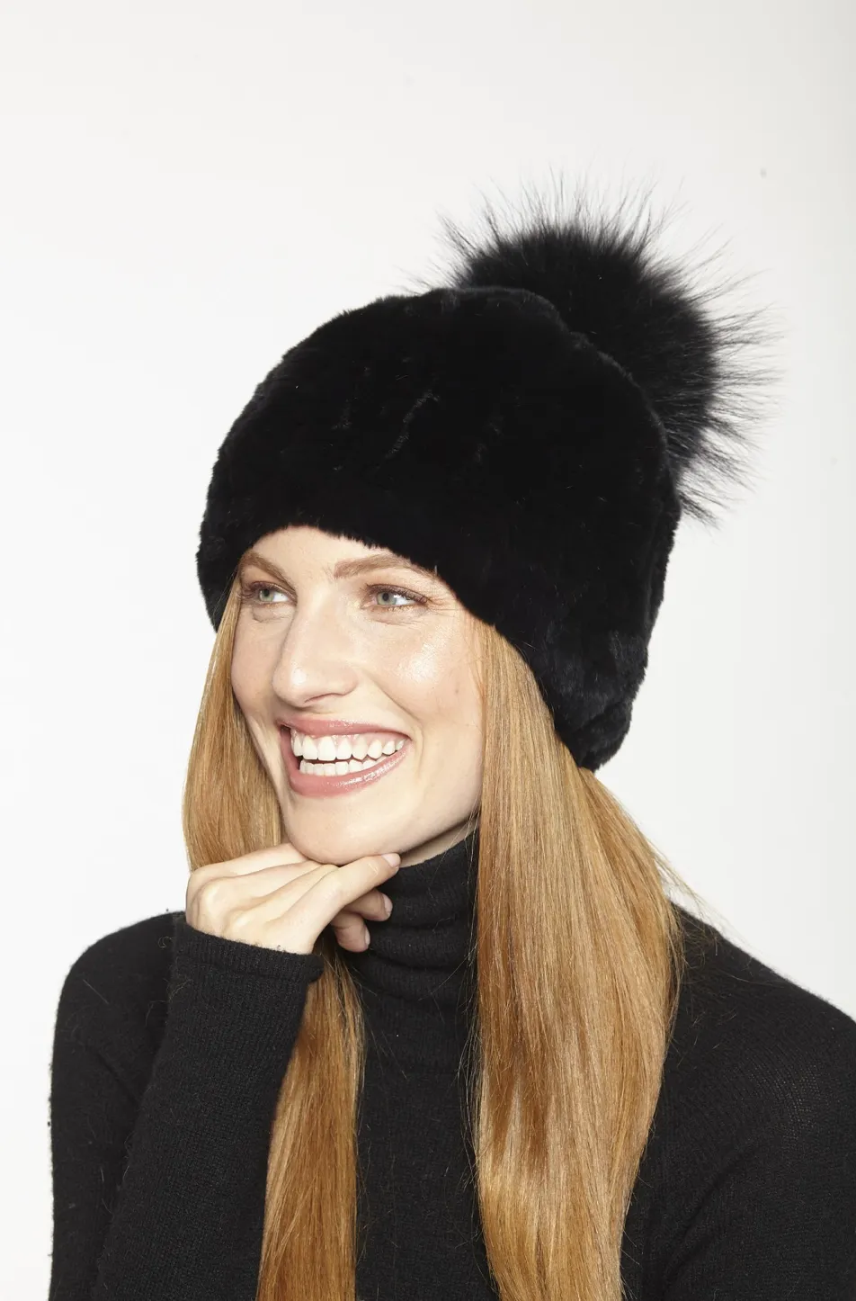 Hat, Genuine Rex Rabbit with Genuine Fox Fur Pom - Linda Richards - Style HA57