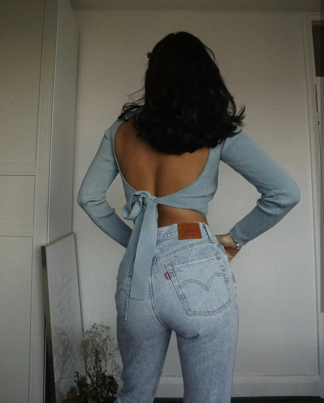 High Collar Bow Knot Backless Knit Sweaters