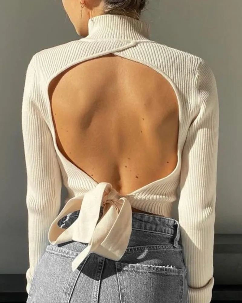 High Collar Bow Knot Backless Knit Sweaters