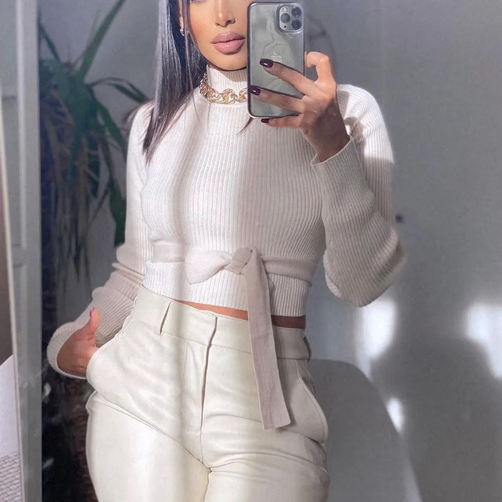 High Collar Bow Knot Backless Knit Sweaters