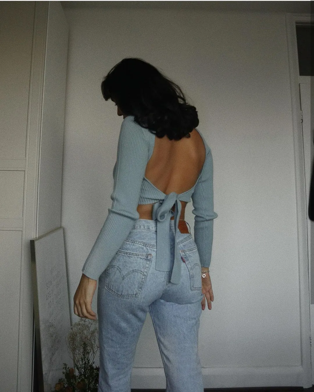 High Collar Bow Knot Backless Knit Sweaters