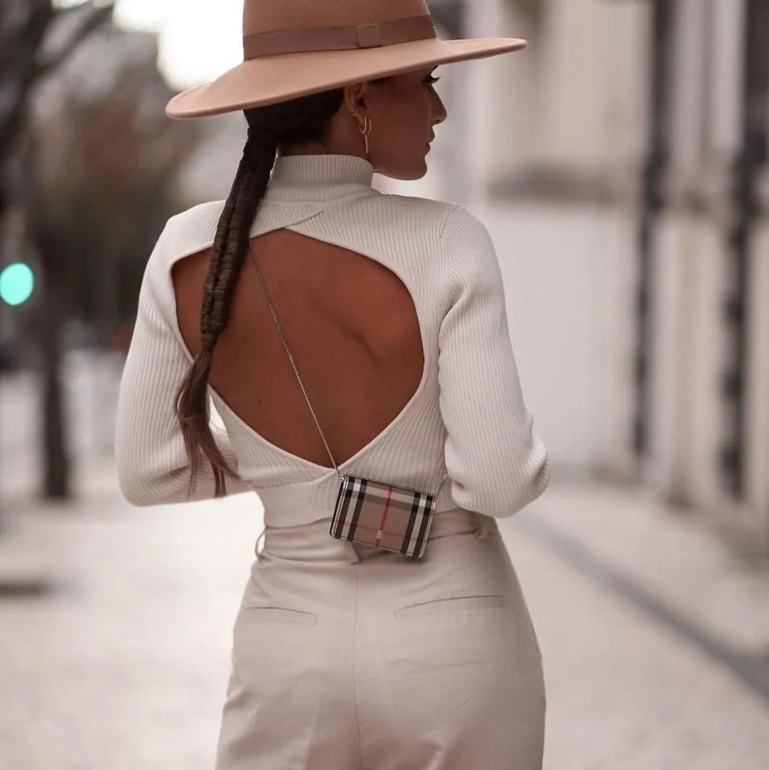 High Collar Bow Knot Backless Knit Sweaters
