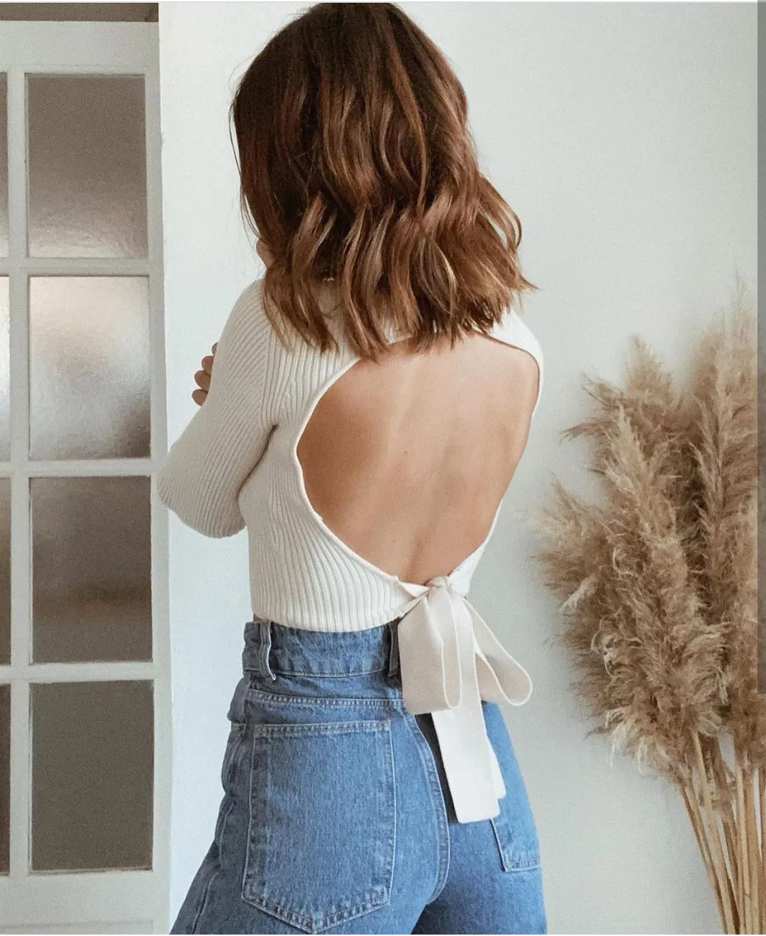 High Collar Bow Knot Backless Knit Sweaters