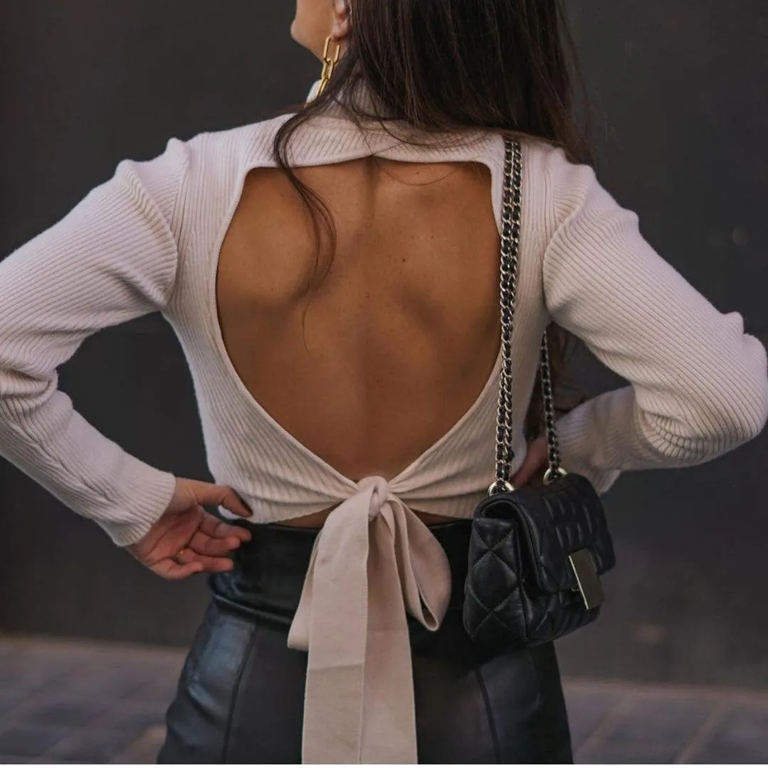 High Collar Bow Knot Backless Knit Sweaters