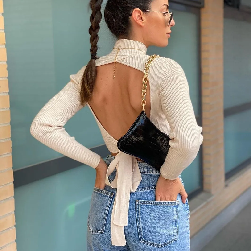 High Collar Bow Knot Backless Knit Sweaters