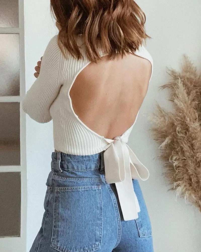 High Collar Bow Knot Backless Knit Sweaters