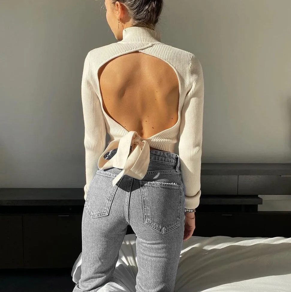 High Collar Bow Knot Backless Knit Sweaters