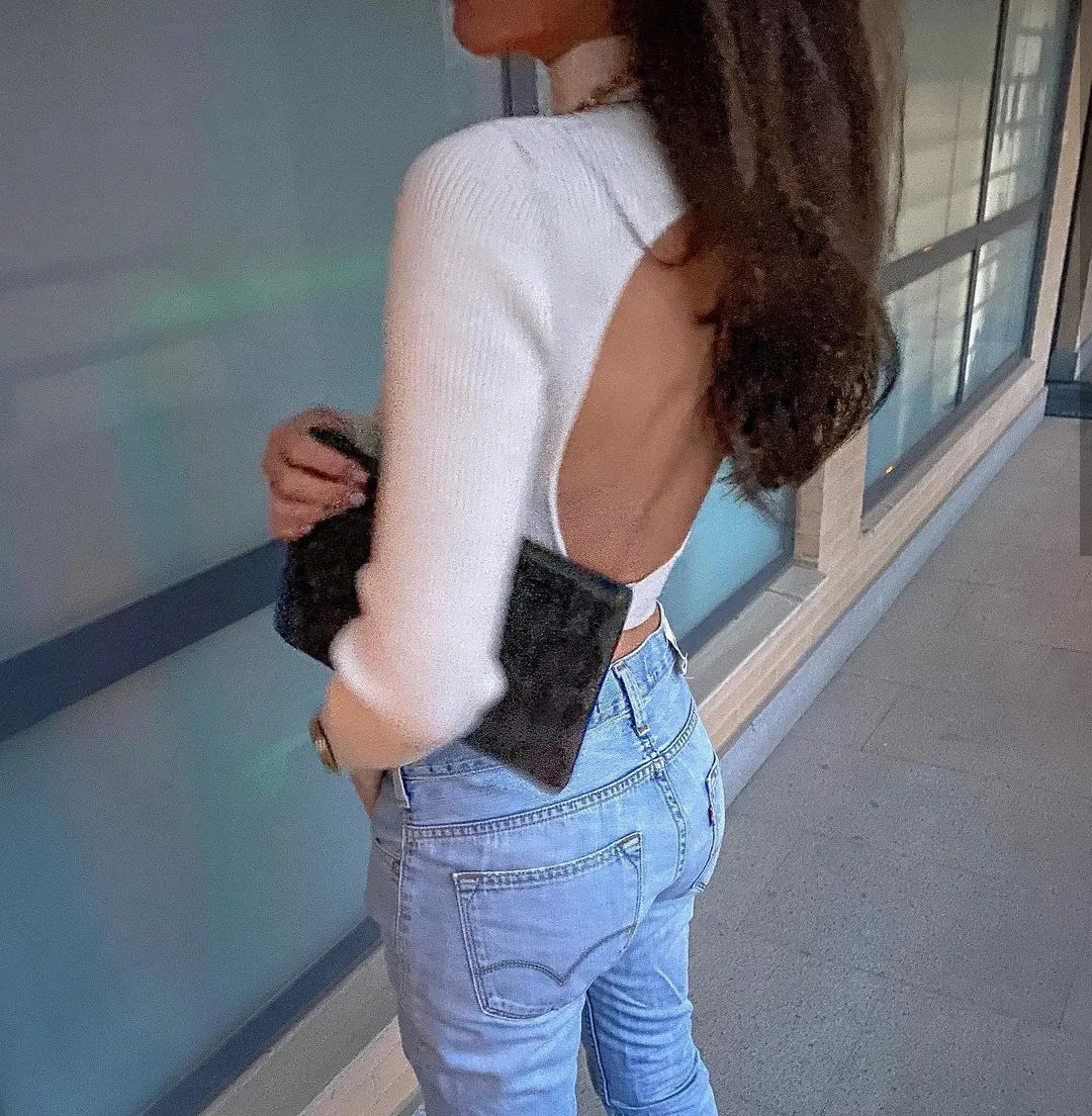High Collar Bow Knot Backless Knit Sweaters