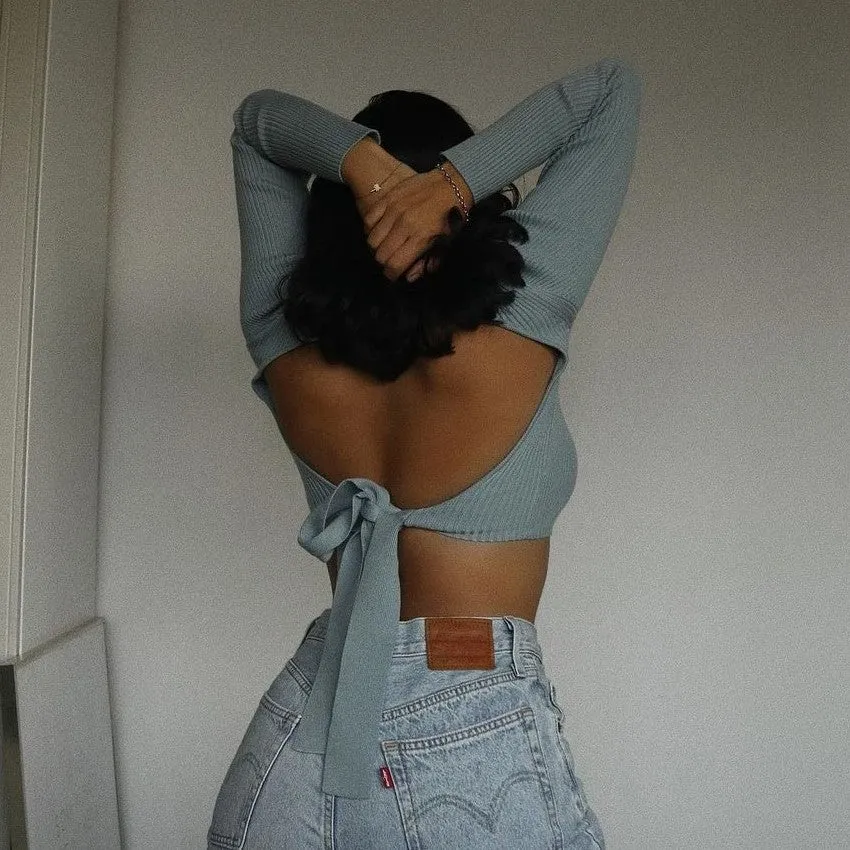 High Collar Bow Knot Backless Knit Sweaters