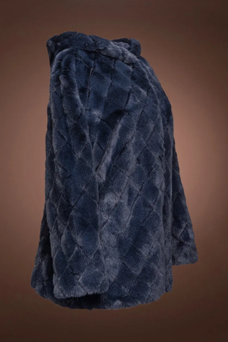 Hooded Diamond Pattern Denim Blue Mink Fur Jacket