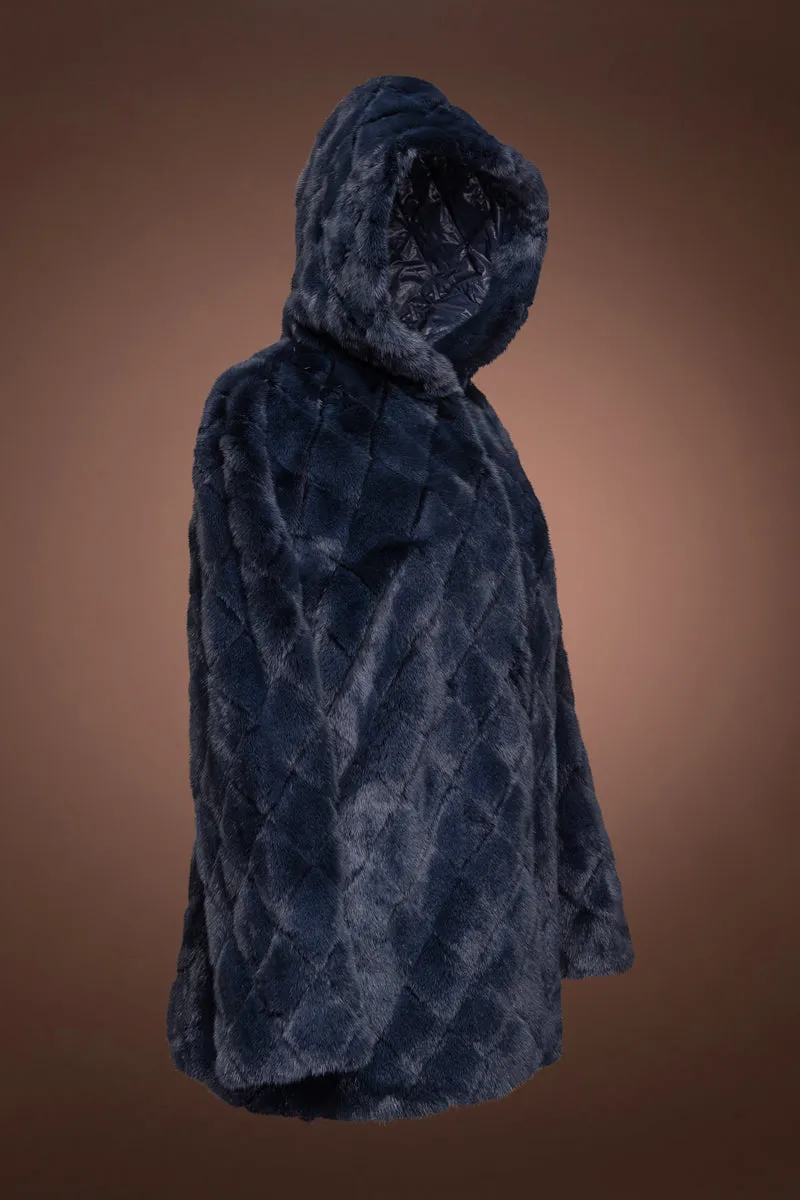 Hooded Diamond Pattern Denim Blue Mink Fur Jacket