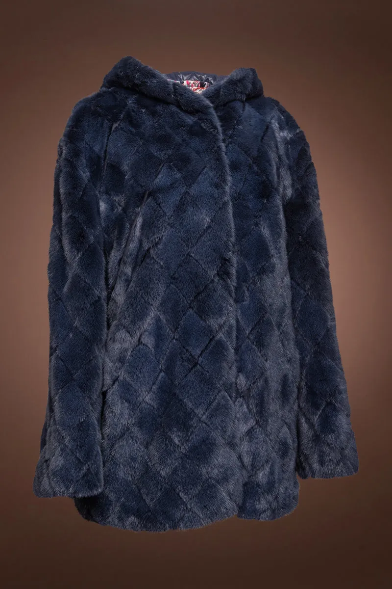 Hooded Diamond Pattern Denim Blue Mink Fur Jacket