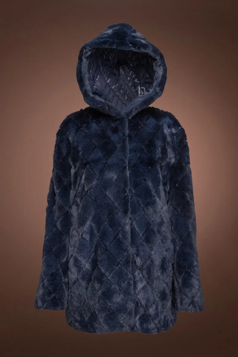 Hooded Diamond Pattern Denim Blue Mink Fur Jacket