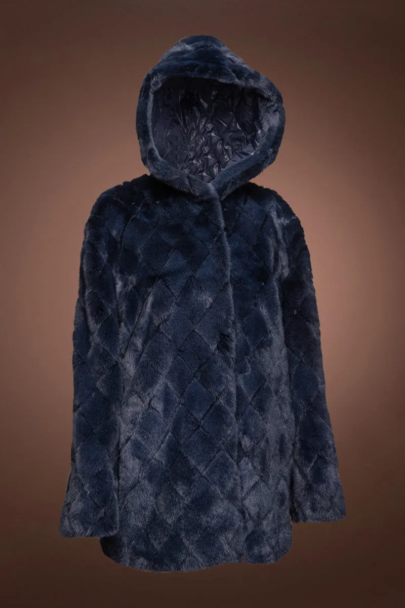 Hooded Diamond Pattern Denim Blue Mink Fur Jacket