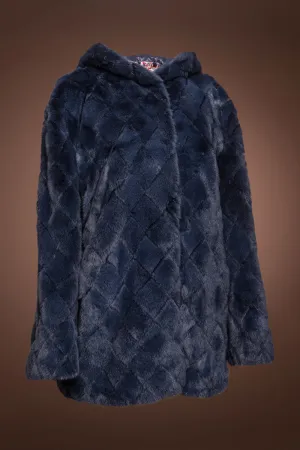 Hooded Diamond Pattern Denim Blue Mink Fur Jacket