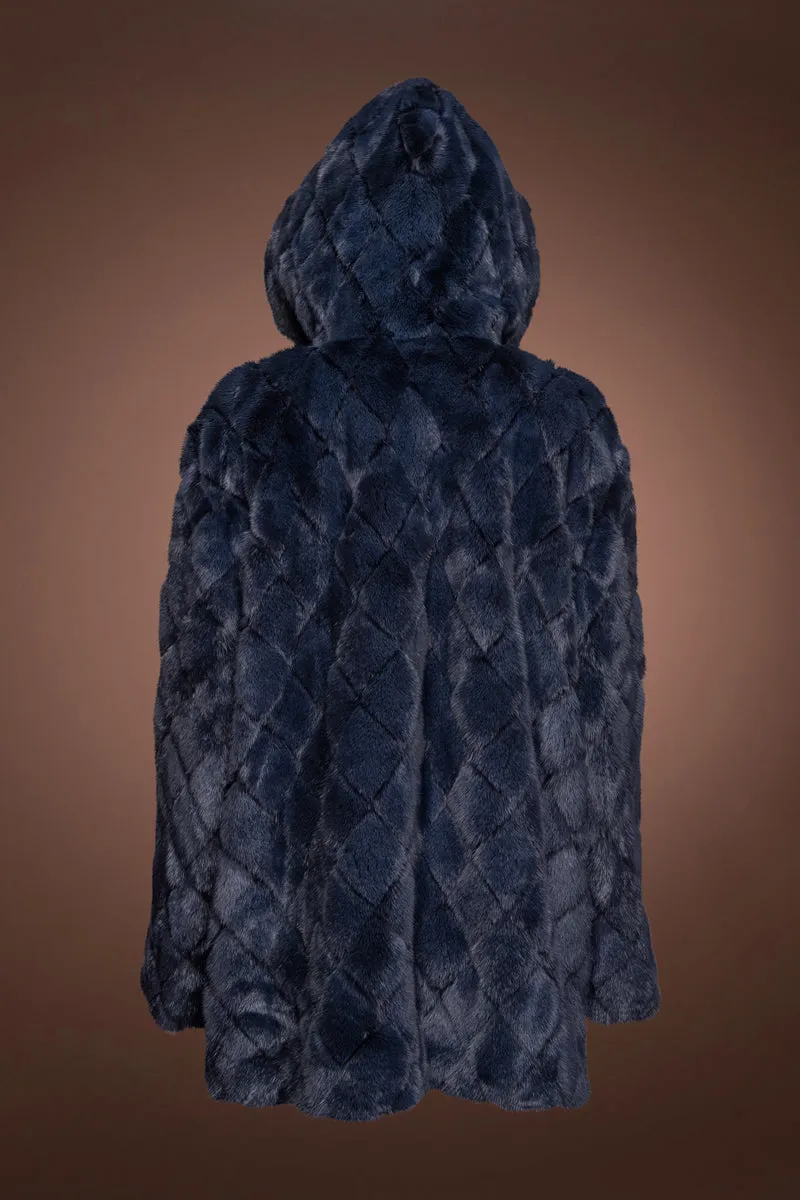 Hooded Diamond Pattern Denim Blue Mink Fur Jacket