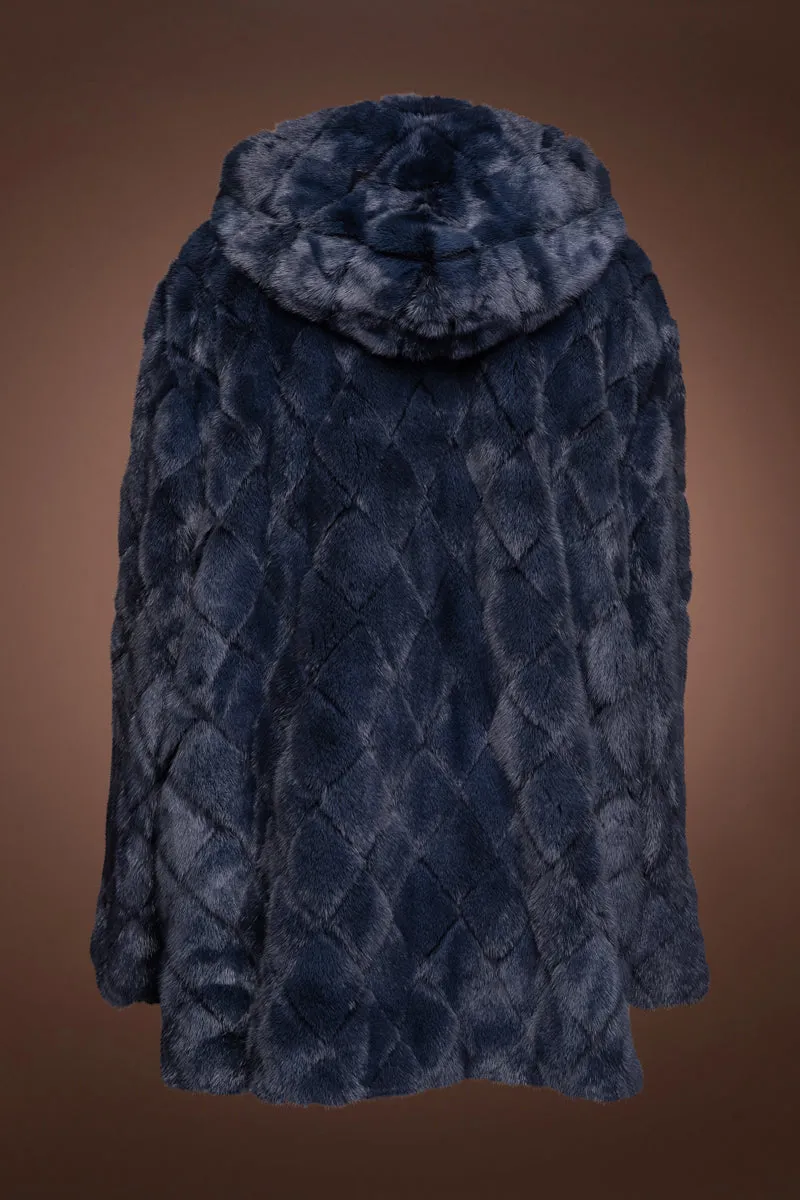 Hooded Diamond Pattern Denim Blue Mink Fur Jacket