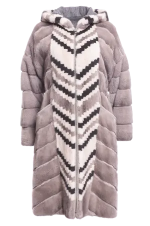 Hooded Reversible Silver Blue & Multi-Color Tuxedo Mink Fur Coat