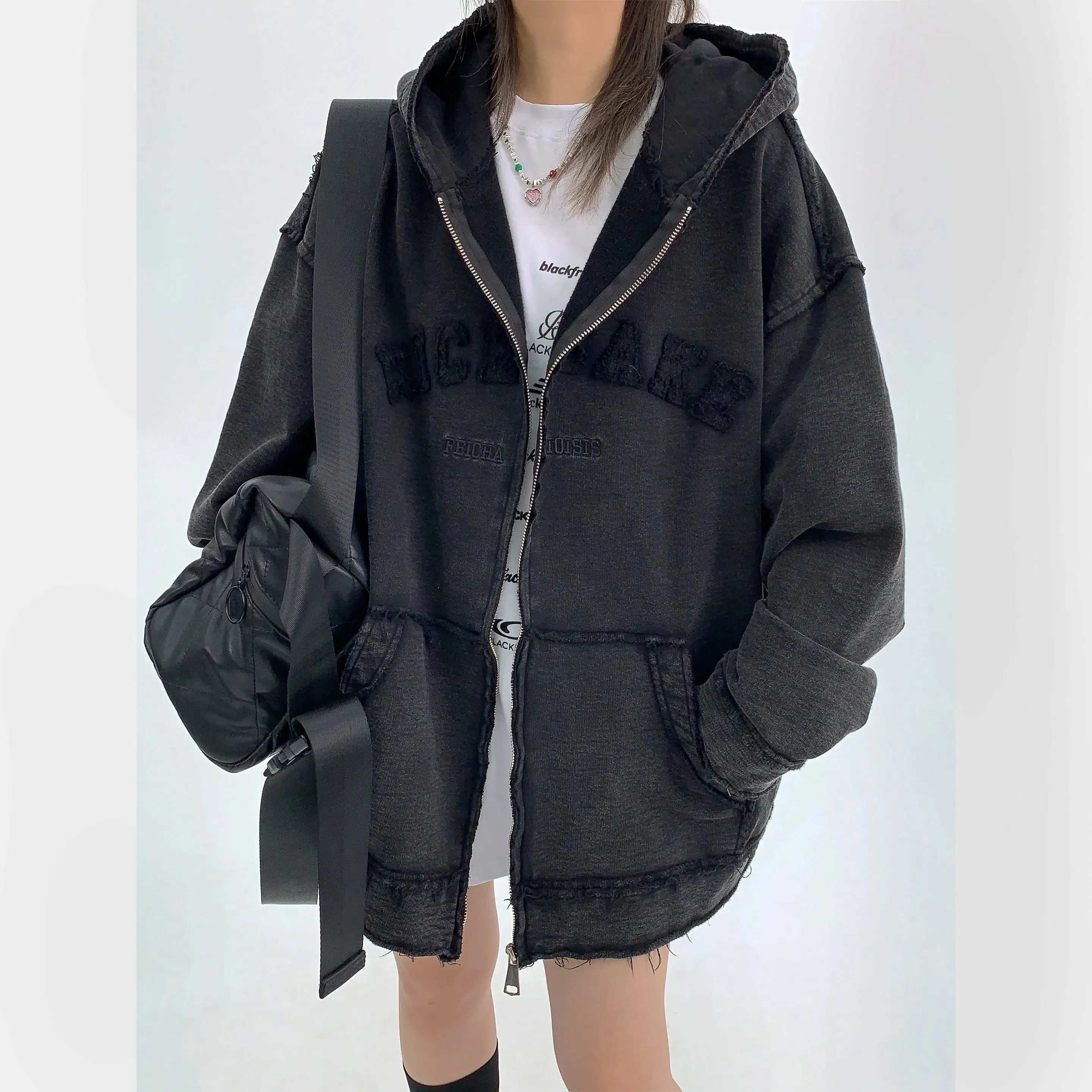 Hooded Zip-Up Patch Embroidered Jacket