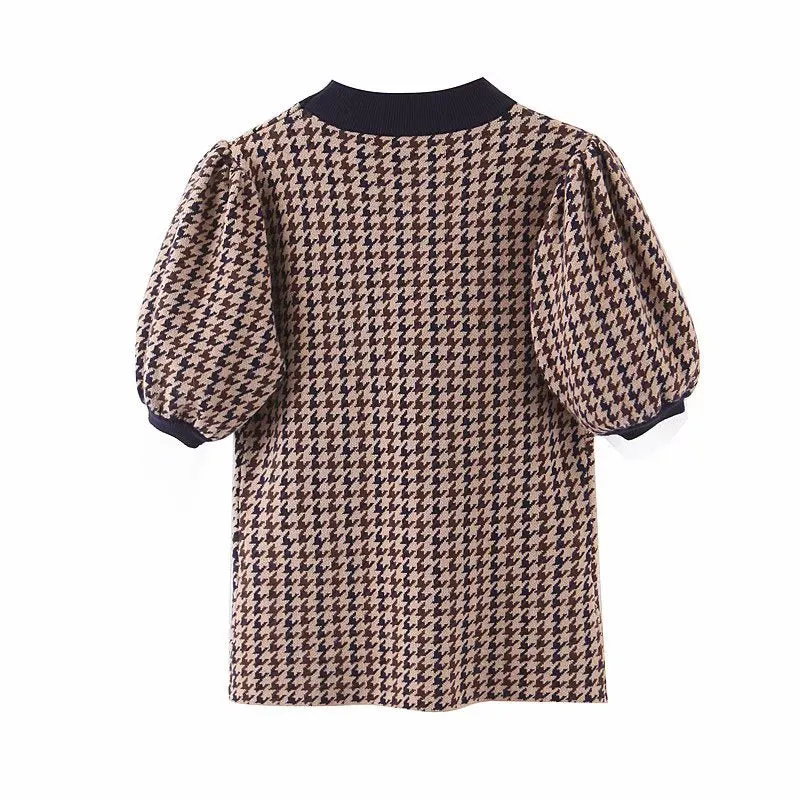 Houndstooth Lantern Sleeve Knitting Half High Collar Sweater