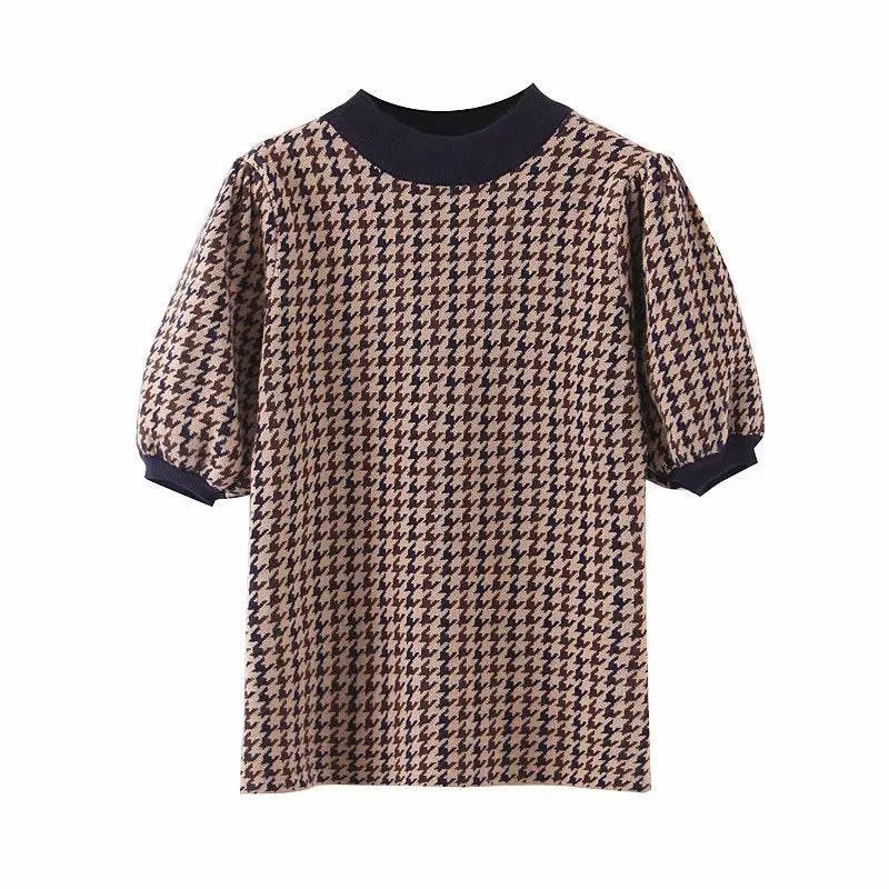 Houndstooth Lantern Sleeve Knitting Half High Collar Sweater