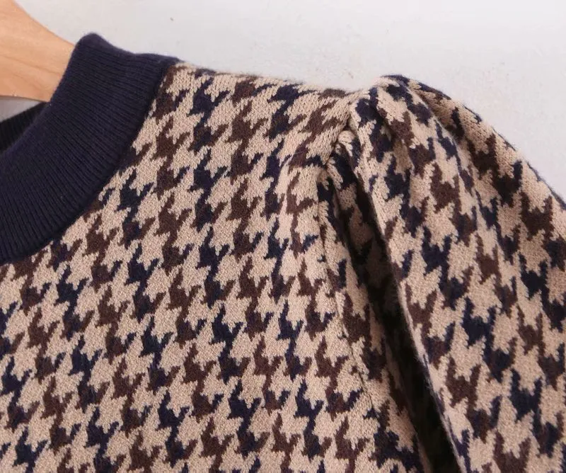 Houndstooth Lantern Sleeve Knitting Half High Collar Sweater