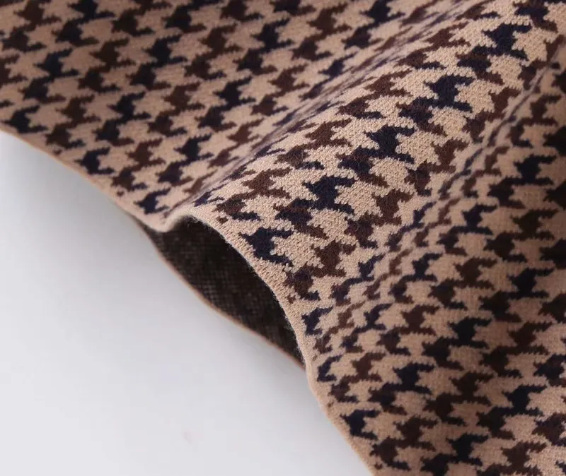 Houndstooth Lantern Sleeve Knitting Half High Collar Sweater
