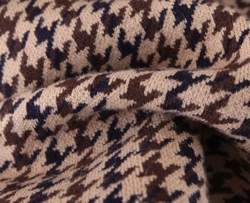 Houndstooth Lantern Sleeve Knitting Half High Collar Sweater