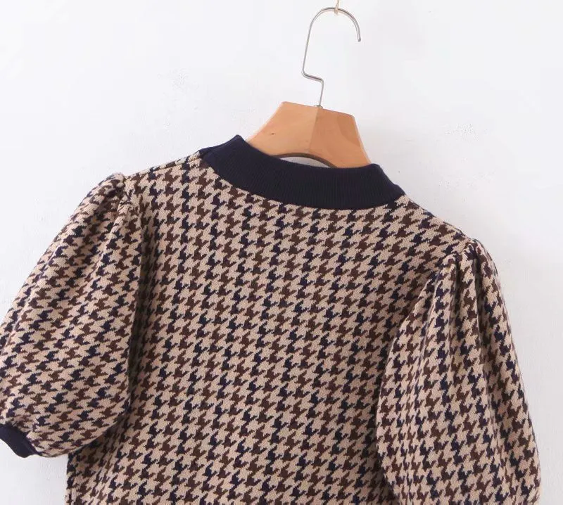 Houndstooth Lantern Sleeve Knitting Half High Collar Sweater